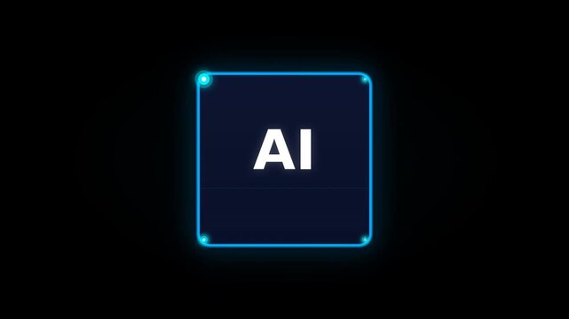A modern digital representation of artificial intelligence with a blue neon border on a dark background