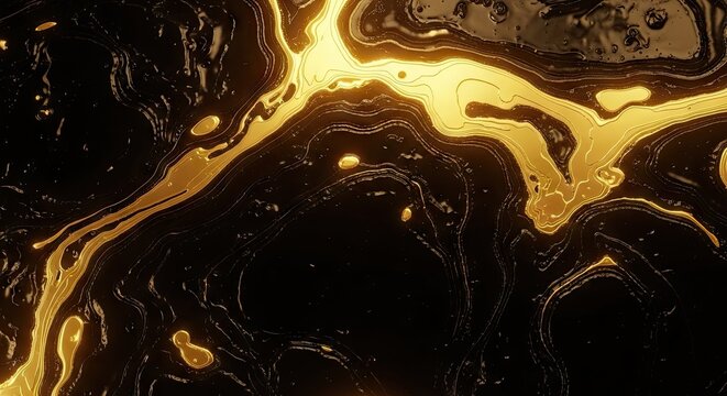 Molten gold liquid texture flowing through dark obsidian depths showing a luxury metallic contrast with fluid swirls and glowing amber highlights across the surface for creative artistic
