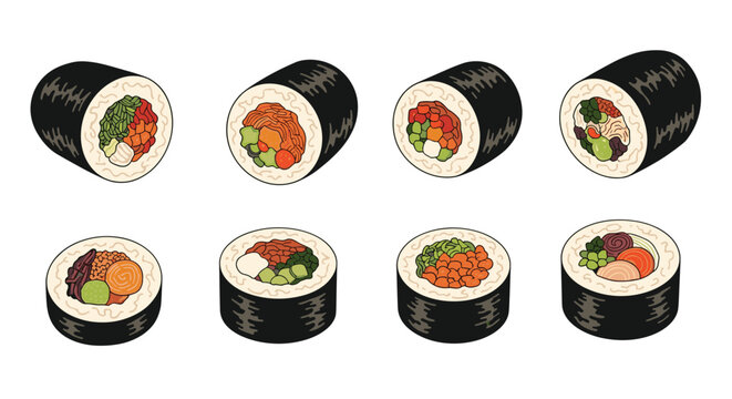 Assorted sushi or kimbap rolls filled with rice, fish, meat, and colorful vegetables arranged in two organized rows.