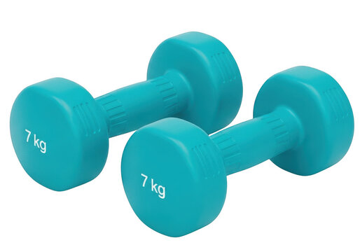 Set of four turquoise dumbbells arranged in a row