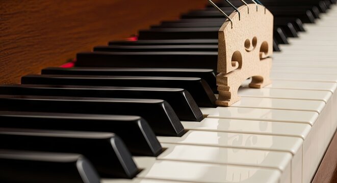 A wooden string instrument bridge rests upon the ivory and ebony keys of a classic grand piano suggesting a creative fusion of musical traditions within an orchestral performance practice