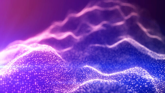 Purple and blue glowing particle waves forming a futuristic digital landscape, abstract technology background with bokeh dots and soft gradient