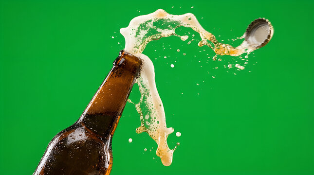 Beer bottle opening with dynamic foam splash on green background. Refreshing alcoholic drink exploding from glass container. Celebration beverage concept for party and social event.