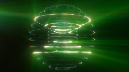 Glowing green holographic sphere made of luminous rings and light beams, futuristic abstract technology background © Bolbik