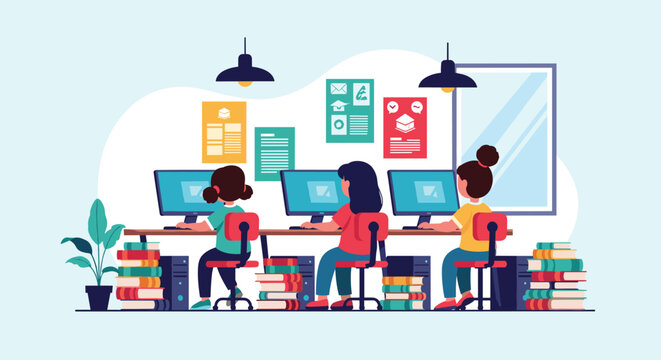 Group of diverse young students uses computer workstations in a modern classroom setting surrounded by books and posters.