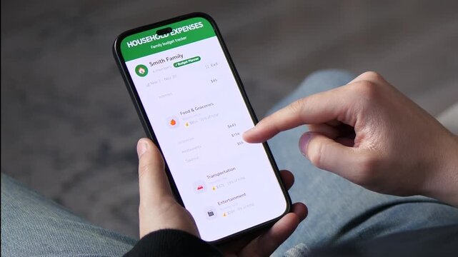 Man managing family budget on a mobile household expenses tracker. Close-up of scrolling through food and utility categories. Ideal for personal finance, saving money, and fintech app promotions. 