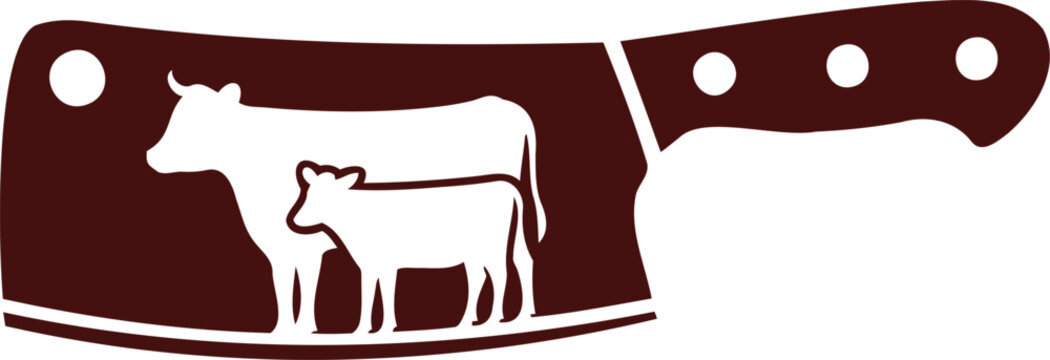 Meat cleaver with cow and calf silhouette on white background