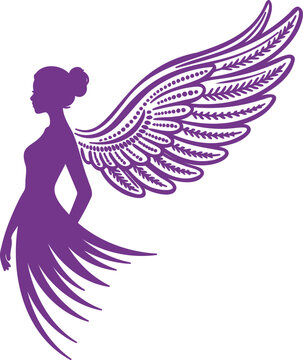 Purple silhouette of a woman with large decorative wings  female angel illustration