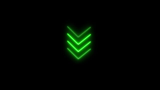 Glowing neon arrow pointing down animation isolated on black background