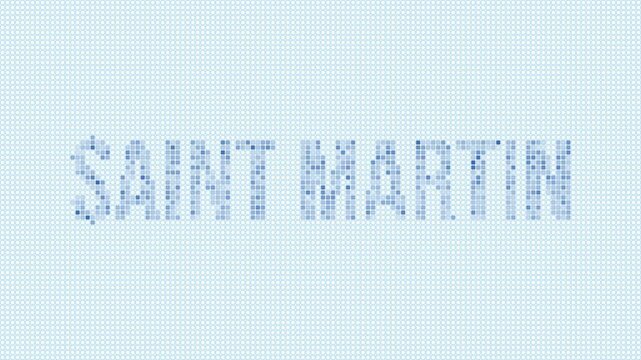 Saint Martin dotted map animation. Digital style shape of the country. Saint Martin shape and title dots appear with bulb flickering effect. Intro, outro, logo, title video.