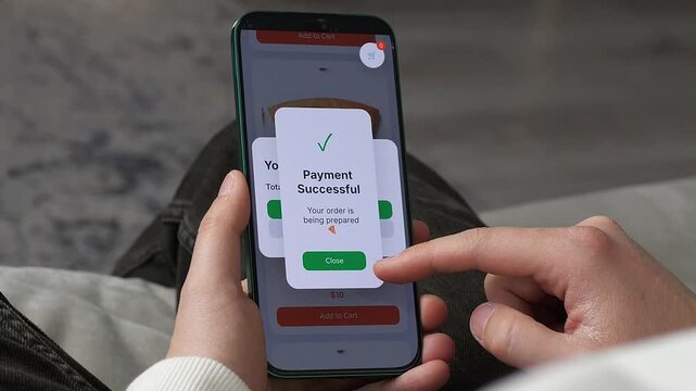 User confirms a successful transaction on a food ordering app. Payment Successful notification on screen. Ideal for commercials about mobile shopping, fintech solutions, and digital economy. Seamless