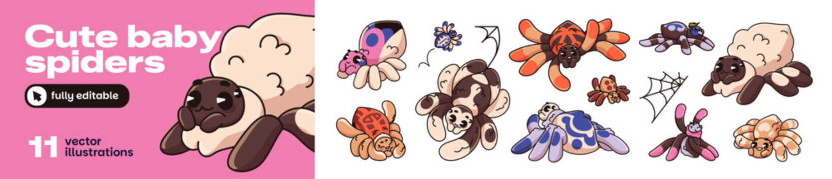 Cute baby spiders set. Kawaii tarantulas with spiderweb. Funny arachnid characters are greeting and smiling. Happy Halloween mascots. Flat isolated vector illustrations on white background