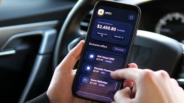 User scrolling through subscription offers on a modern smartphone app. High-quality dark mode UI showcasing mobile business tools and entertainment packs. Ideal for e-commerce, software demos, and