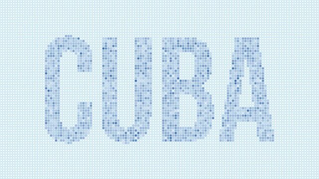Cuba dotted map animation. Digital style shape of the country. Cuba shape and title dots appear with bulb flickering effect. Intro, outro, logo, title video.