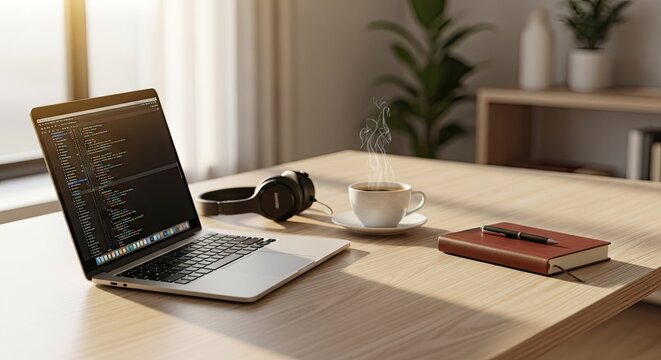 A laptop showing computer programming code sits on a desk with steaming hot coffee and headphones while a person works productively in a calm home environment during the morning sunlight hours