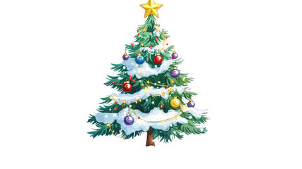 Fototapeta premium Decorated Christmas Tree with Star Topper and Snow Isolated on White Background