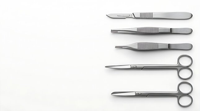 Professional stainless steel surgical instruments including scalpel, scissors, and forceps on minimalist white background with copy space