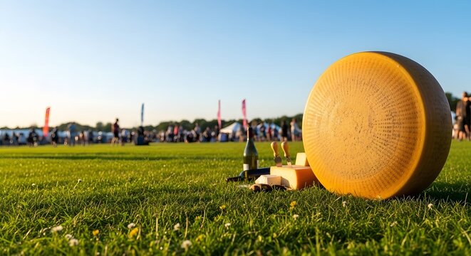 Cooper's Hill Cheese Rolling Festival scene with cheese wheel on grass