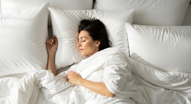 A peaceful young woman with dark hair sleeping soundly in a comfortable bed surrounded by soft white pillows and a duvet, enjoying deep rest.