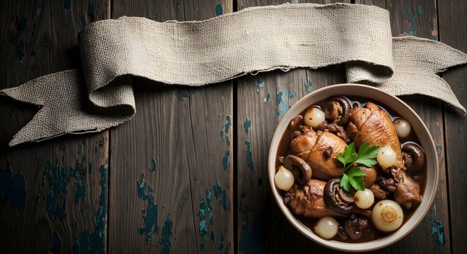 Coq au Vin Day celebrates traditional French cuisine on a rustic wooden table with Image_fx