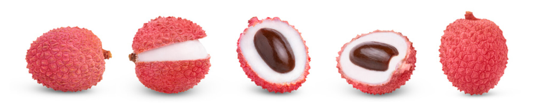lychee fruit isolated on white background collection. Half of lychee with seed, opened lychee.