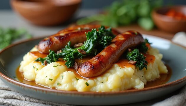 Dutch stamppot with mashed potatoes, kale, and sausage. Hearty meal served on a plate with gravy. Traditional comfort food for lunch or dinner. A classic dish.
