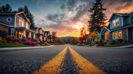 Obraz premium Golden sunset reflected on quiet neighborhood street scenic view serene environment residential area