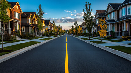 Obraz premium Residential neighborhood street view suburban area urban landscape photography clear sky evening light