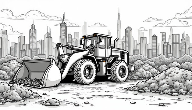 Front loader machine works on urban construction site. City buildings rise in background. Dirt piles surround heavy equipment. Site preparation for future development project.