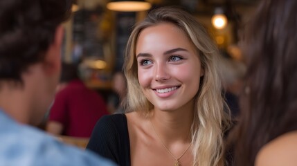 Obraz premium A radiant young woman smiles warmly while engaging in a conversation during a casual social gathering in a warm inviting indoor setting