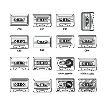 Retro cassette tapes collection, vintage audio media, C60, C90, microcassette