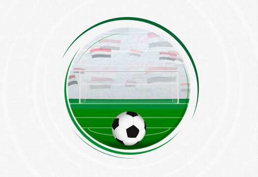 Yemen football fan celebration scene featuring a soccer ball, goal net, and waving national flags in a stadium.