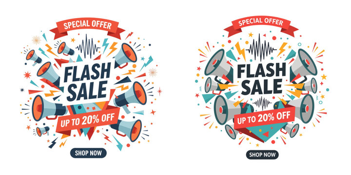 A vibrant illustration of two flash sale banners surrounded by colorful confetti and megaphones on a lively background with bold graphics and dynamic patterns.