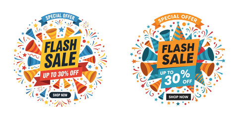 Naklejka premium Vibrant flash sale stickers on colorful background with confetti and stars