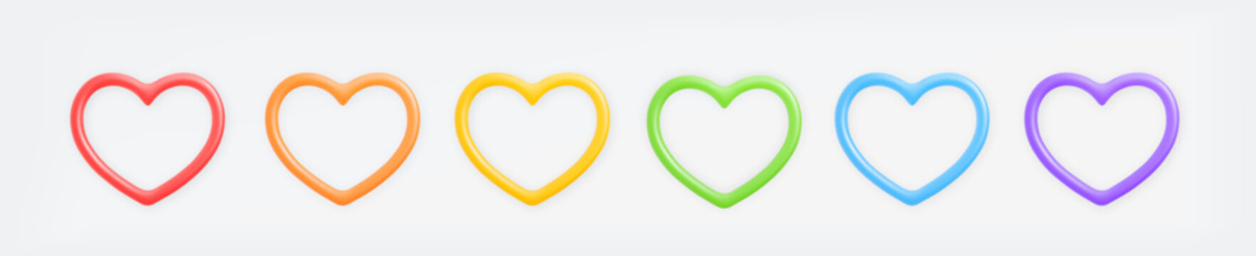 3D colorful glossy heart shaped frame isolated on light background. Neon gradient border elements in red, orange, yellow, green, blue, and purple. Valentine day element suitable for greeting cards