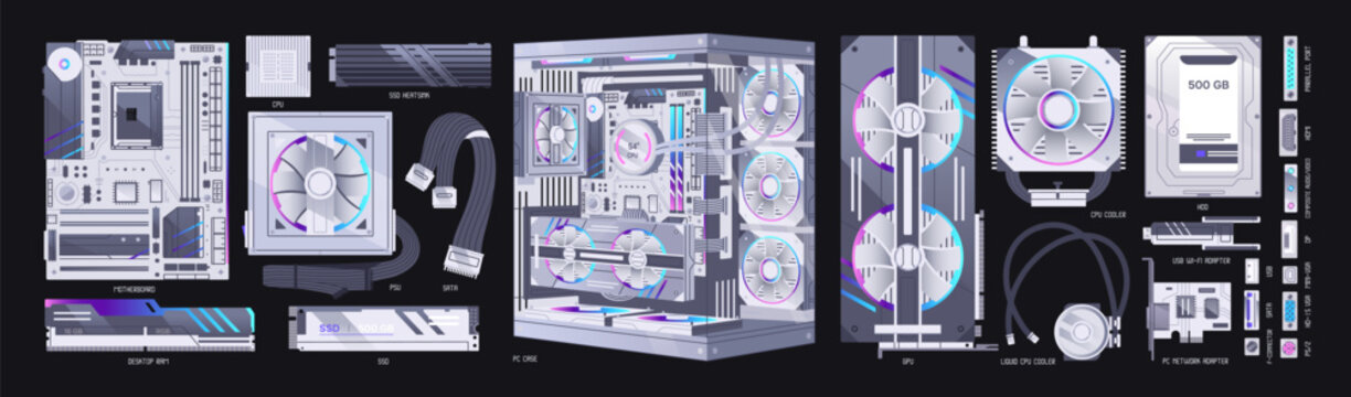 Desktop computer components set. Different parts of system unit- processor, drives, motherboard, coolers, cards of memory and ports. PC equipment, SSD and CPU. Flat isolated vector illustrations