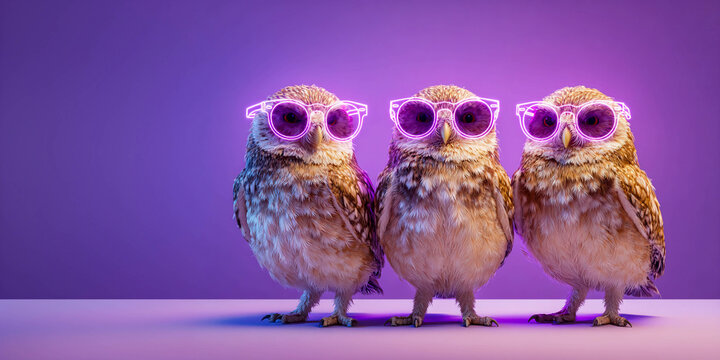Three owls stand in a row wearing neon purple glowing glasses against a purple wall. A party, a club atmosphere, creativity, and modern pop art with cute birds.