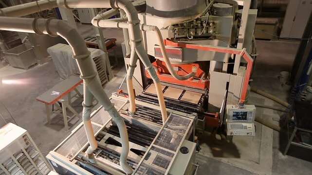 A production or conveyor line at a ceramic and porcelain tile factory. Manufacturing process of ceramic tiles.