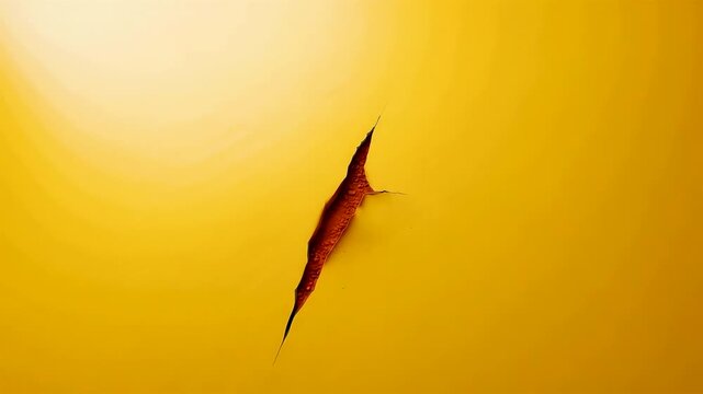 Single torn crack across smooth yellow surface with minimal composition strong contrast and clean texture creating striking abstract visual focus