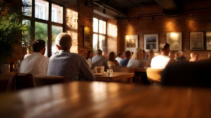 Naklejka premium A warm atmospheric indoor scene showing people socializing and connecting at a wooden table near large