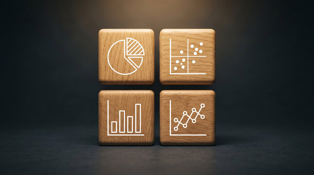 Four wooden cubes with pie chart, scatter plot, bar graph, and data icons on a dark slate background representing advanced data analytics.