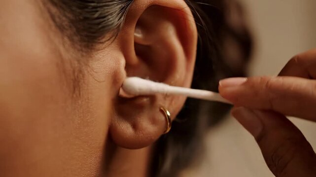 A close-up view of a hand using a cotton swab to gently clean an ear, showcasing detailed skin textures and careful movement