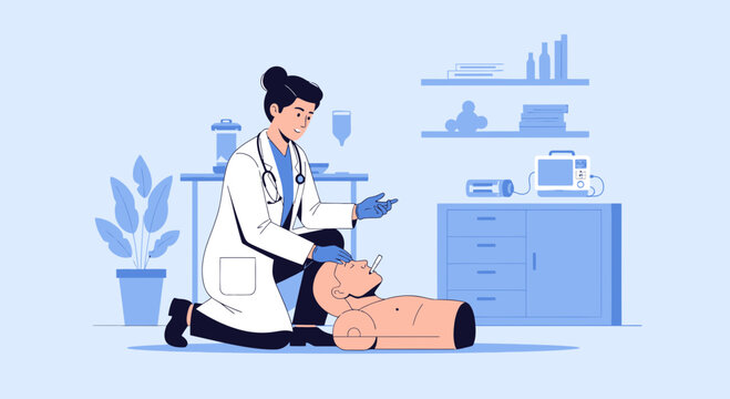 Doctor performing CPR on a dummy in a medical training session