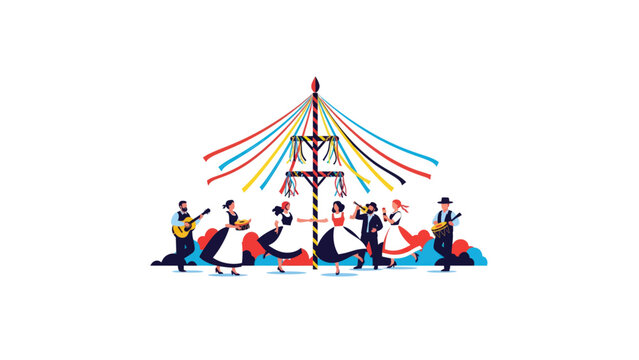 Maypole celebration with people dancing around colorful pole