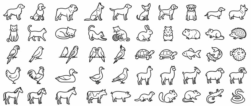 Collection of various farm and domestic animal icons in line art style.
