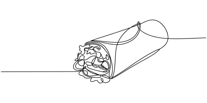 Delicious chicken shawarma wrap continuous one line drawing, one continuous line drawing of delicious kebab on white background. Fast Food minimalism concept, Continuous line drawing of a chicken