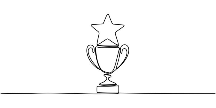 Trophy Award continuous one line drawing, Success Champion Star Trophy Award One Line Drawing Vector Graphic, Continuous one line drawing of trophy cup for winner. Winner achievement trophy hand drawn