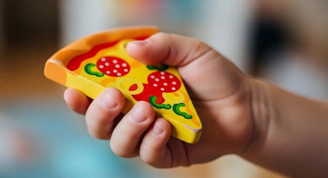 Child hand holding a wooden toy pizza slice for pretend play