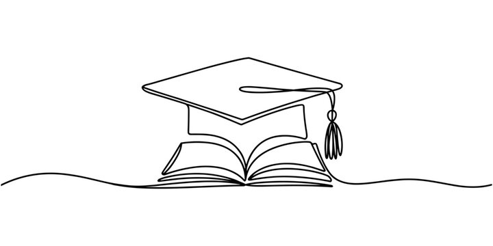 graduation hat with book continuous one line drawing, Self drawing of continuous single line drawing Graduation hat on books education linear concept.
