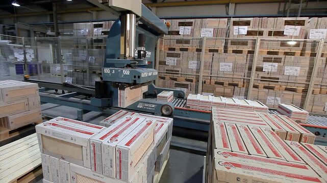 Automatic packing of crates with finished products in a ceramic tile factory. Production of ceramic tiles. Ceramic tile factory. Making ceramic tile.